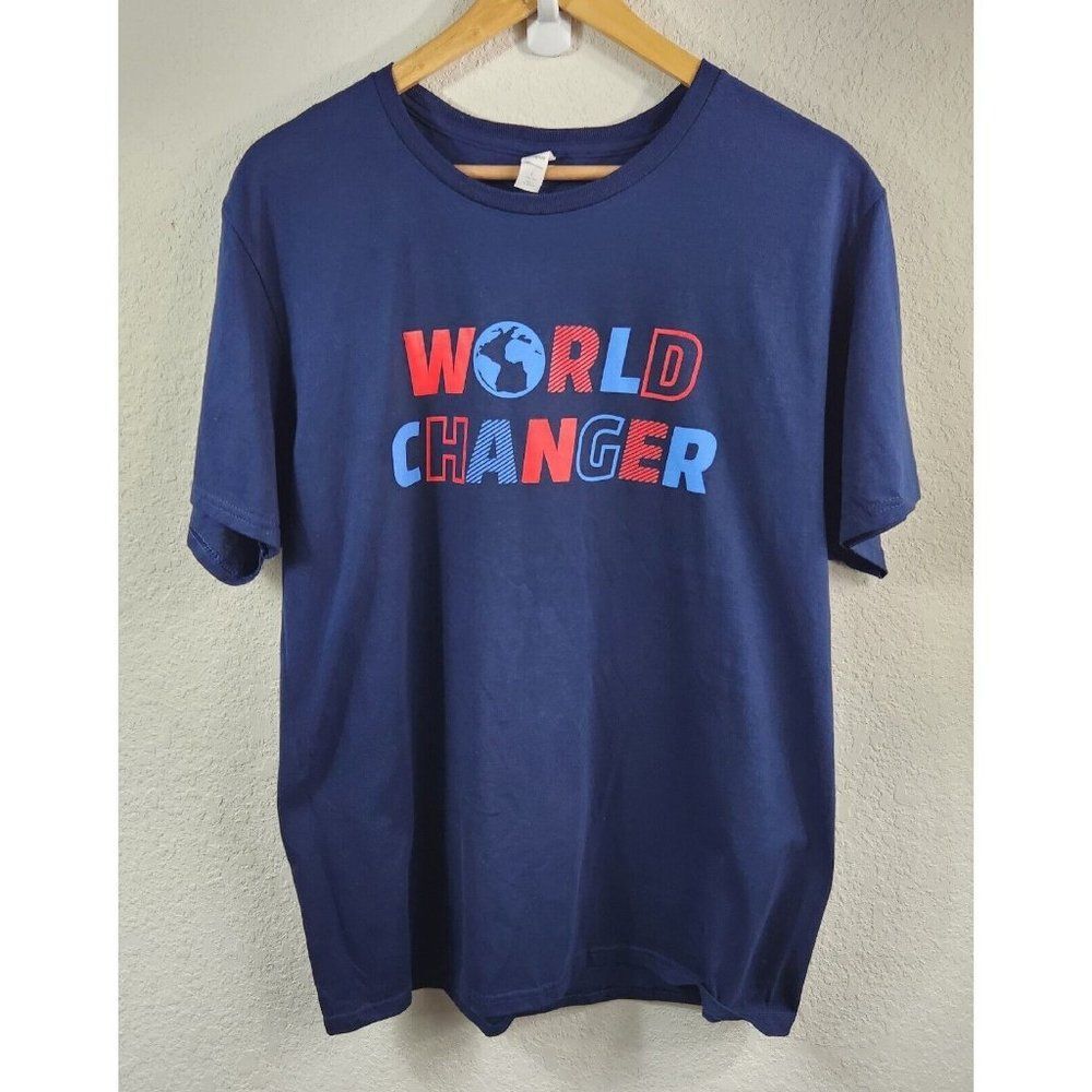 World Changer Navy Blue Adult T-Shirt  Red & Blue Letters Women's 100% Cotton L